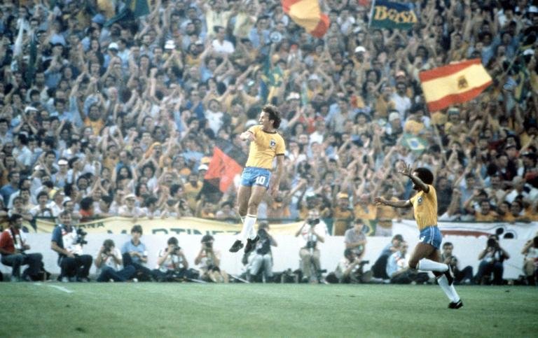 1982 World Cup Finals, Seville, Spain, 18th June, 1982, Brazil 4 v Scotland 1, Brazil's Zico leaps for joy after scoring against Scotland (Photo by Bob Thomas Sports Photography via Getty Images)