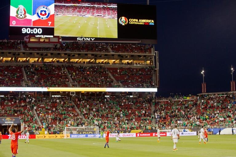SANTA CLARA, CALIFORNIA - JUNE 18 The scoreboard shows the final score of 7-0 for Chile at the end of a Quarterfinal match between Mexico and Chile at Levi's Stadium as part of Copa America Centenario US 2016 on June 18, 2016 in Santa Clara, California, US. (Photo by Brian Bahr/LatinContent via Getty Images)